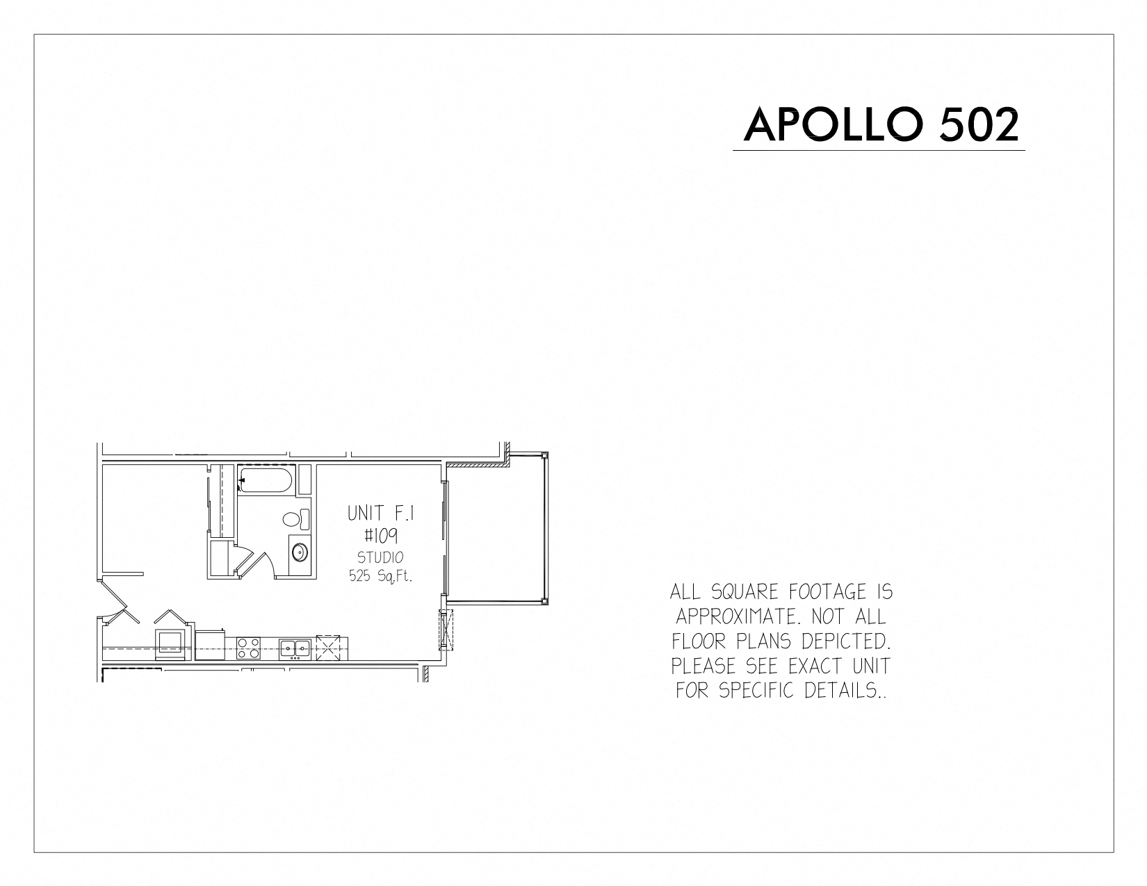 Floor plan for studio, 1 bath, 525 sqft